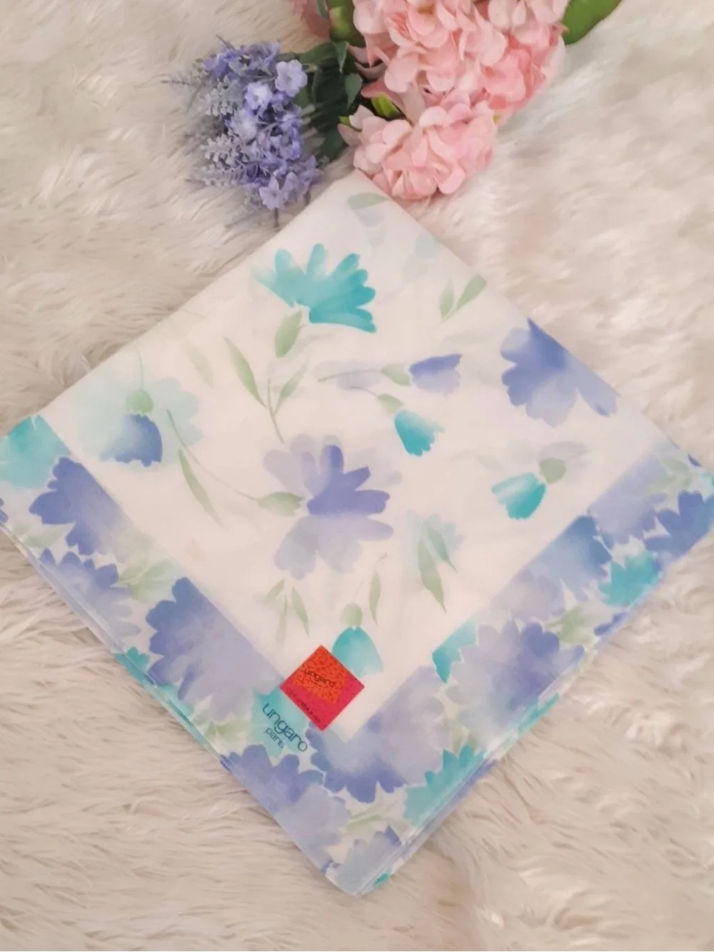 Ungaro Paris handkerchief white blue & teal watercolor made in Japan